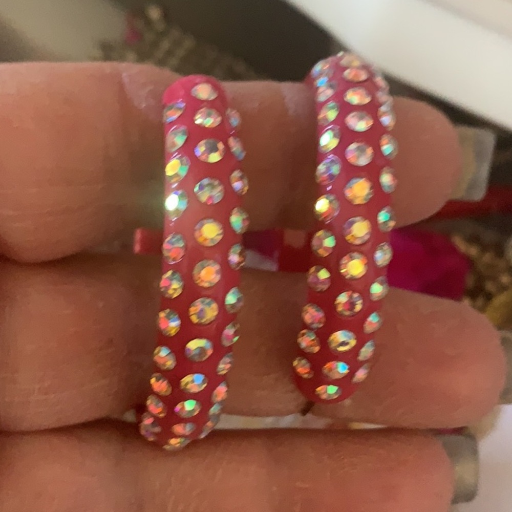 Hot Pink Rhinestone Hoops Pierced